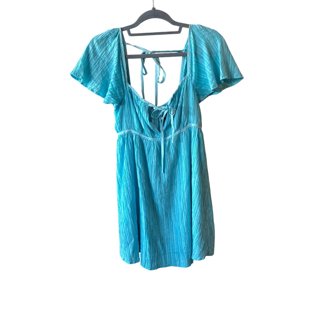 Lulus Milkmaid Mini Dress Sz S Turquoise Blue Textured Tie Back Flutter